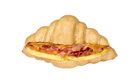 White wheat croissant with crispy bacon, cheddar, & egg. A breakfast delight! Visit us or order for a savory start. 🥐☀️